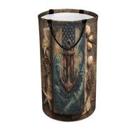 LUYYSKY Nautical Mid Century Anchors Versatile Storage Laundry Basket, Vintage American Ocean Great Waves USA Flag Anchor Large Capacity Bathroom Hamper With Handle