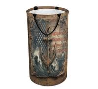 LUYYSKY Nautical Vintage Anchors Versatile Storage Laundry Basket, American Mid Century Ocean Great Waves USA Flag Anchor Large Capacity Bathroom Hamper With Handle