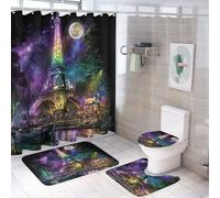 LUYYSKY Oil Painting Beautiful Eiffel Tower 4Pcs Shower Curtain Sets,Colorful Fantasy Galaxy Full Moon France Paris Tower Bathroom Sets with Non-Slip Rugs, Toilet Lid Cover And Bath Mat