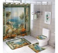 LUYYSKY Oil Painting Rustic Orange 4Pcs Shower Curtain Sets,Retro Colorful Ocean Italian Coastal Scenery Fruit Theme Bathroom Sets with Non-Slip Rugs, Toilet Lid Cover And Bath Mat