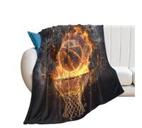 LUYYSKY Realistic American Basketball Lightweight Flannel Blanket Cool Abstract Sports Theme Flame Basketball Hoop Print Cozy Soft Throw Blanket, 130x150 cm