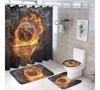 LUYYSKY Realistic American Basketball Shower Curtain Decor Set,Cool Abstract Sports Theme Flame Basketball Hoop Print Bathroom Decor Sets With Rugs,Bathroom Shower Curtain Set