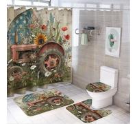 LUYYSKY Realistic American Tractor 4Pcs Shower Curtain Sets,Vintage Rustic Western Farm Wildflower Old Red Tractor Bathroom Sets with Non-Slip Rugs, Toilet Lid Cover And Bath Mat