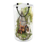 LUYYSKY Realistic American Tractor Collapsible Dirty Clothes Basket, Vintage Rustic Western Farmhouse Barn Old Red Tractor Sheep Portable Clothes Storage Basket