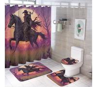 LUYYSKY Realistic Cartoon Western Cowboy 4Pcs Shower Curtain Sets,Colorful Rustic Hunting Theme Sunset Running Horse Bathroom Sets with Non-Slip Rugs, Toilet Lid Cover And Bath Mat