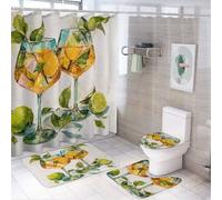 LUYYSKY Realistic Colorful Lemon Shower Curtain Decor Set,Rustic Oil Painting Tropical Fruit Lemon Drinks Print Bathroom Decor Sets With Rugs,Bathroom Shower Curtain Set