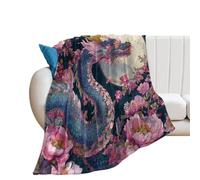 LUYYSKY Realistic Mythical Chinese Dragon Flannel Blanket Bedding Sofa Decor Cool Beautiful Night Full Moon Japanese Animal Asian Dragon Flowers Soft Warm Throw Blanket, 130x150 cm