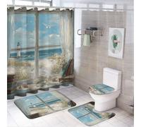 LUYYSKY Realistic Ocean Open Window 4Pcs Shower Curtain Sets,Colorful Abstract Beach Lighthouse Plants Flowers Seagulls Bathroom Sets with Non-Slip Rugs, Toilet Lid Cover And Bath Mat