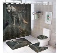 LUYYSKY Realistic Oil Painting Wolf Shower Curtain Decor Set,Rustic Majestic Raven Wildlife Wolves Bathroom Decor Sets With Rugs,Bathroom Shower Curtain Set