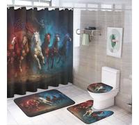 LUYYSKY Realistic Retro Horse 4Pcs Shower Curtain Sets,Rustic American Western Desert Farm Animal Running Horse Bathroom Sets with Non-Slip Rugs, Toilet Lid Cover And Bath Mat