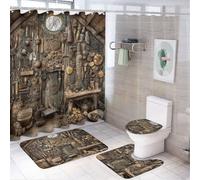 LUYYSKY Realistic Vintage Repair Shop 4Pcs Shower Curtain Sets,Cabin Rustic American Farm Old Repair Tools Print Bathroom Sets with Non-Slip Rugs, Toilet Lid Cover And Bath Mat
