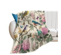LUYYSKY Realistic Watercolor Animal Birds Flannel Blanket Bedding Sofa Decor Colorful Classic Animal Birds Butterflies Tree Branch Flowers Floral Soft Warm Throw Blanket, 100x130 cm