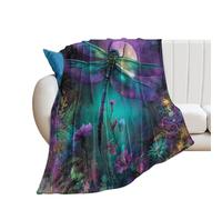 LUYYSKY Realistic Watercolor Neon Dragonfly Flannel Blanket Bedding Sofa Decor Abstract Rustic Full Moon Animal Dragonfly Floral Print Soft Warm Throw Blanket, 76x100 cm
