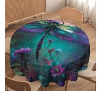 LUYYSKY Realistic Watercolor Neon Dragonfly Waterproof Round Tablecloth Abstract Rustic Full Moon Animal Dragonfly Floral Print Washable Table Cover for Kitchen-60 Wx60 L