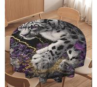 LUYYSKY Retro Abstract Snow Leopard Waterproof Round Tablecloth Colorful Beautiful Animal Leopard Purple Lily Floral Washable Table Cover for Kitchen-177.8" Wx177.8 L cm
