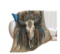 LUYYSKY Retro Exotic Cow Flannel Blanket Bedding Sofa Decor Traditional Geometric Ancient Mexican Tribal Cow Skull Skeleton Soft Warm Throw Blanket, 130x150 cm
