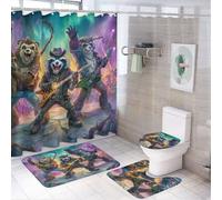 LUYYSKY Retro Funny Animals Shower Curtain Decor Set,Cute Cartoon Animals Music Guitar Cat Monkey Bear Bathroom Decor Sets With Rugs,Bathroom Shower Curtain Set