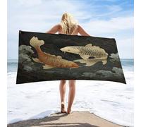LUYYSKY Retro Japanese Animal Fish Quick-Drying Beach Towel, Abstract Classic Cloud Black Gold Pattern Travel Vacation Single Sided Pile Bathroom Towels