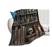 LUYYSKY Retro Oil Painting Magic Bookshelf Flannel Blanket Bedding Sofa Decor Colourful Gothic Halloween Skull Skeleton Pattern Soft Warm Throw Blanket, 100x130 cm