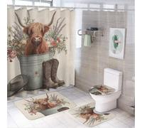 LUYYSKY Retro Realistic Animal Cow 4Pcs Shower Curtain Sets,Funny Abstract Highland Cow Floral Cowboy Boots Wooden Bathroom Sets with Non-Slip Rugs, Toilet Lid Cover And Bath Mat