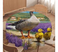 LUYYSKY Retro Realistic Cute Duckling Waterproof Round Tablecloth Classic Colorful Farm Lilac Lavender Field Animal Duck Washable Table Cover for Kitchen-152.4" Wx152.4 L cm