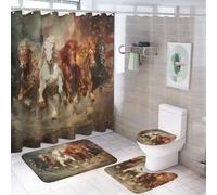 LUYYSKY Retro Realistic Horse 4Pcs Shower Curtain Sets,American Rustic Western Desert Farm Animal Running Horse Bathroom Sets with Non-Slip Rugs, Toilet Lid Cover And Bath Mat
