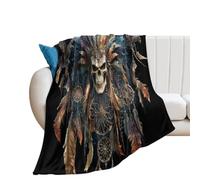 LUYYSKY Retro Rustic Ethnic Skull Flannel Blanket Bedding Sofa Decor Abstract Exotic Halloween Tribal Feather Dreamcatcher Skeleton Soft Warm Throw Blanket, 76x100 cm