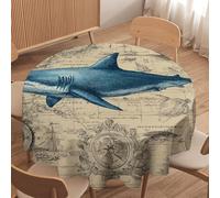 LUYYSKY Retro Rustic Fish Shark Round Tablecloth Modern Funny Old Map Underwater Compass Boat Shark Washable Decor for Table Cover for Kitchen-127 Wx127 L cm