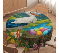 LUYYSKY Retro Watercolor Bird Crane Waterproof Round Tablecloth Modern Abstract Spring Landscape Colorful Eggs Animal Crane Washable Table Cover for Kitchen-152.4" Wx152.4 L cm