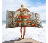 LUYYSKY Retro Watercolor Boho Mushroom Absorbent Beach Towel, Rustic Realistic Woodland Plants Pine Trees Floral Animal Butterflies Outdoor Single-Sided Velvet Beach Towel