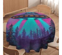 LUYYSKY Retro Watercolor Funny Spaceship Round Tablecloth Modern Comic Starry Sky Galaxy Pine Forest UFO Washable Decor for Table Cover for Kitchen-152.4" Wx152.4 L cm