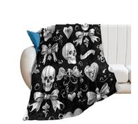 LUYYSKY Romantic Classic Skull Skeleton Flannel Blanket Bedding Sofa Decor Mid Century Vintage Black White Bow Heart Pattern Soft Warm Throw Blanket, 150x200 cm