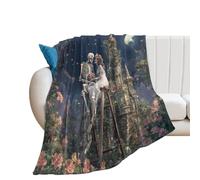 LUYYSKY Romantic Gothic Skull Couple Flannel Blanket Bedding Sofa Decor Classic Watercolor Full Moon Roses Flowers Skeleton Print Soft Warm Throw Blanket, 100x130 cm