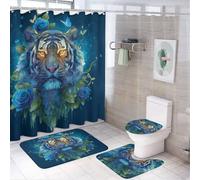 LUYYSKY Romantic Realistic Tiger 4Pcs Shower Curtain Sets,Modern Rustic Blue Rose Valentines Day Wildlife Bathroom Sets with Non-Slip Rugs, Toilet Lid Cover And Bath Mat
