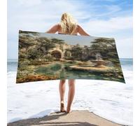 LUYYSKY Romantic Rustic Antique Garden Absorbent Beach Towel, Retro Realistic Spring Fountain Animal Butterfly Flowers Pattern Outdoor Single-Sided Velvet Beach Towel-80 W cm x 160" L cm