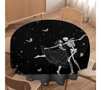 LUYYSKY Romantic Skeleton Couple Waterproof Round Tablecloth Classic Halloween Night Animal Butterflies Black&White Skull Pattern Washable Table Cover for Kitchen-50 Wx50 L