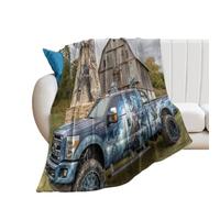 LUYYSKY Rustic Abstract Blue Truck Flannel Blanket Bedding Sofa Decor Classic American Farm Pine Forest Barn Windmill Old Truck Soft Warm Throw Blanket, 150x200 cm