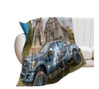 LUYYSKY Rustic Abstract Blue Truck Flannel Blanket Bedding Sofa Decor Classic American Farm Pine Forest Barn Windmill Old Truck Soft Warm Throw Blanket, 100x130 cm