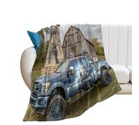 LUYYSKY Rustic Abstract Blue Truck Lightweight Flannel Blanket Classic American Farm Pine Forest Barn Windmill Old Truck Cozy Soft Throw Blanket, 130x150 cm