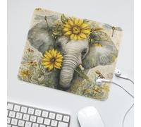 LUYYSKY Rustic Abstract Indian Elephant Waterproof Base Mouse Pad Beautiful Realistic Animals Elephant Dragonflies Sunflowers Floral Desk Accessories Decor Lightweight Mouse Pad-30 x 25 CM