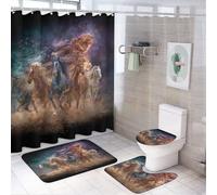LUYYSKY Rustic American Horse 4Pcs Shower Curtain Sets,Retro Realistic Western Desert Farm Animal Running Horse Bathroom Sets with Non-Slip Rugs, Toilet Lid Cover And Bath Mat