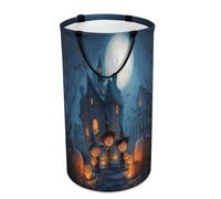 LUYYSKY Rustic Beautiful Cute Witches Collapsible Dirty Clothes Basket, Spooky Aesthetic Halloween Full Moon Castle Plant Pumpkin Pattern Portable Clothes Storage Basket