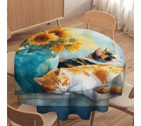LUYYSKY Rustic Classic Cute Cats Waterproof Round Tablecloth Beautiful Abstract Spring Window Plants Sunflowers Animal Kittens Patt Washable Table Cover for Kitchen-127 Wx127 L cm