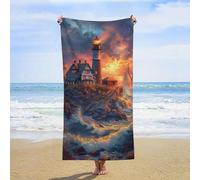 LUYYSKY Rustic Coastal Sunset Lighthouse Absorbent Beach Towel, Summer Beach Watercolor Nautical Theme Pirate Ship Outdoor Single-Sided Velvet Beach Towel