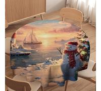 LUYYSKY Rustic Cute Christmas Snowman Round Tablecloth Vintage Colorful Nautical Seaside Lighthouse Xmas Tree Washable Decor for Table Cover for Kitchen-127 Wx127 L cm