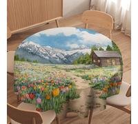 LUYYSKY Rustic Fantasy Flower Field Waterproof Round Tablecloth Modern Classic Spring Mountain Farm Barn Log Cabin Tulip Floral Washable Table Cover for Kitchen-177.8" Wx177.8 L cm