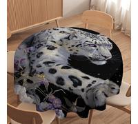 LUYYSKY Rustic Modern Snow Leopard Waterproof Round Tablecloth Retro Oil Painting Animal Leopard Purple Lily Flowers Washable Table Cover for Kitchen-152.4" Wx152.4 L cm