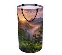 LUYYSKY Rustic Natural Pine Tree Versatile Storage Laundry Basket, Modern Realistic Sunrise Misty Mountain Plant Pine Forest Pattern Large Capacity Bathroom Hamper With Handle