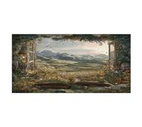LUYYSKY Rustic Oil Painting Open Window Absorbent Beach Towel, Vintage Beautiful Forest Field Wildflowers Landscape Outdoor Single-Sided Velvet Beach Towel