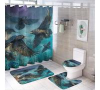 LUYYSKY Rustic Realistic Crows Shower Curtain Decor Set,Vintage Fantasy Halloween Theme Wild Animals Black Raven Bathroom Decor Sets With Rugs,Bathroom Shower Curtain Set